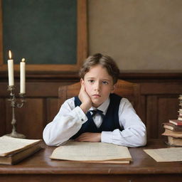 An image of a pensive male child in colonial period attire, surrounded by traditional school paraphernalia, portraying signs of struggle in academia. He is seated at an old wooden desk, his worried expression reflecting the difficulties he's facing.