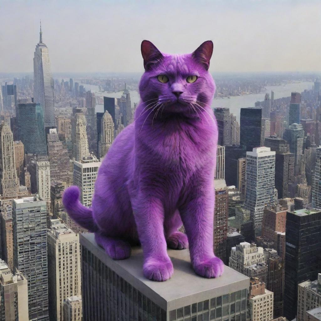 Elevating the gigantic purple cat's size further, making him loom larger than New York City's tallest skyscrapers, ruling over with a fierce army of purple felines.