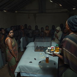 A dusky, sad, and tired-looking Indian woman in a colorful saree stands with a defeated expression, facing 15 angry African men gathered around a simple bed in a spacious, dimly-lit hut