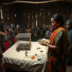 A dusky, sad, and tired-looking Indian woman in a colorful saree stands with a defeated expression, facing 15 angry African men gathered around a simple bed in a spacious, dimly-lit hut