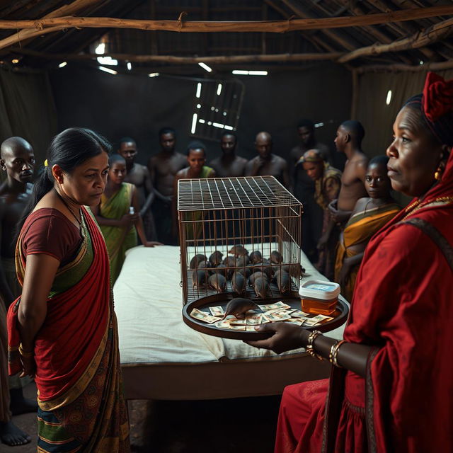 A dusky, sad, and tired-looking Indian woman in a colorful saree stands with a defeated expression, facing 15 angry African men gathered around a simple bed in a spacious, dimly-lit hut