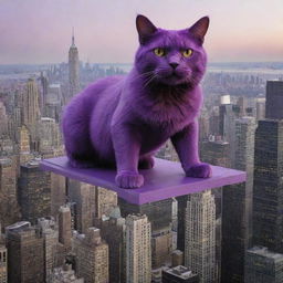 Elevating the gigantic purple cat's size further, making him loom larger than New York City's tallest skyscrapers, ruling over with a fierce army of purple felines.