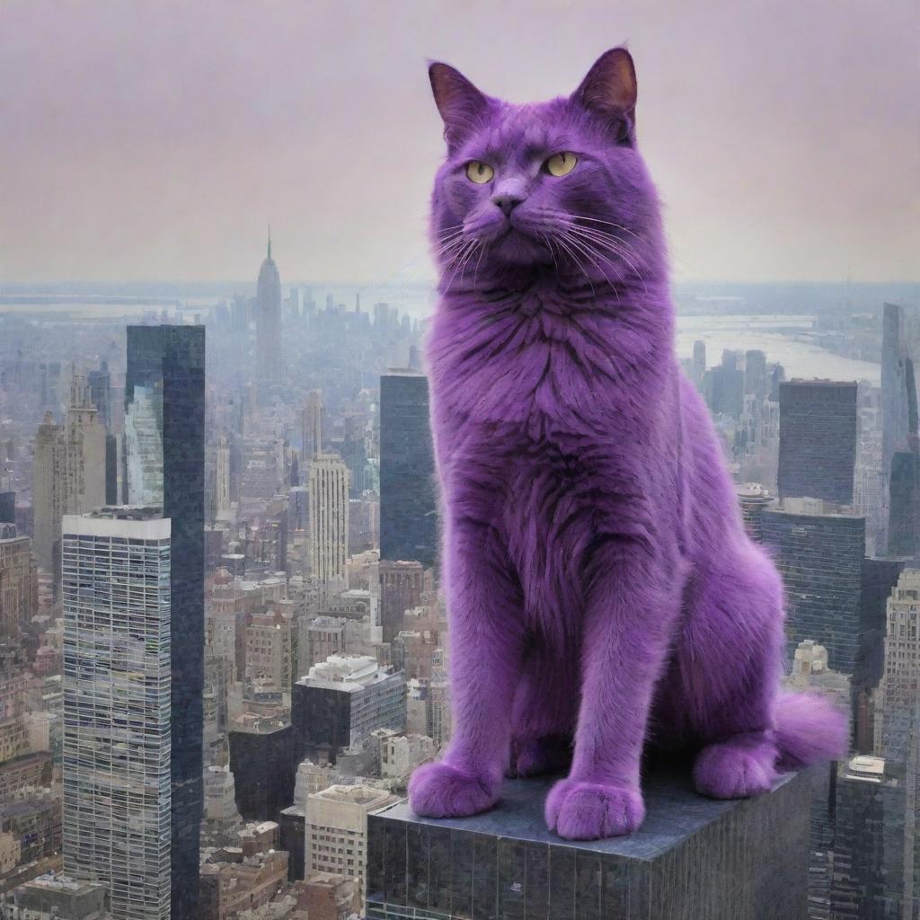 Elevating the gigantic purple cat's size further, making him loom larger than New York City's tallest skyscrapers, ruling over with a fierce army of purple felines.