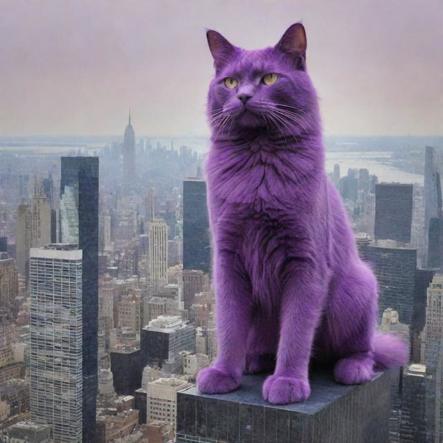 Elevating the gigantic purple cat's size further, making him loom larger than New York City's tallest skyscrapers, ruling over with a fierce army of purple felines.