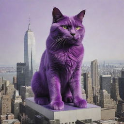 Elevating the gigantic purple cat's size further, making him loom larger than New York City's tallest skyscrapers, ruling over with a fierce army of purple felines.