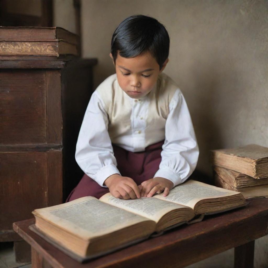 A colonial-period Filipino male child is depicted in a traditional school setting. Dressed in period attire, he is slumped over antiquated books, his furrowed brow reflecting his difficulties with studies.