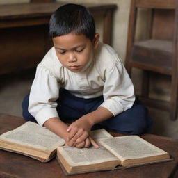 A colonial-period Filipino male child is depicted in a traditional school setting. Dressed in period attire, he is slumped over antiquated books, his furrowed brow reflecting his difficulties with studies.