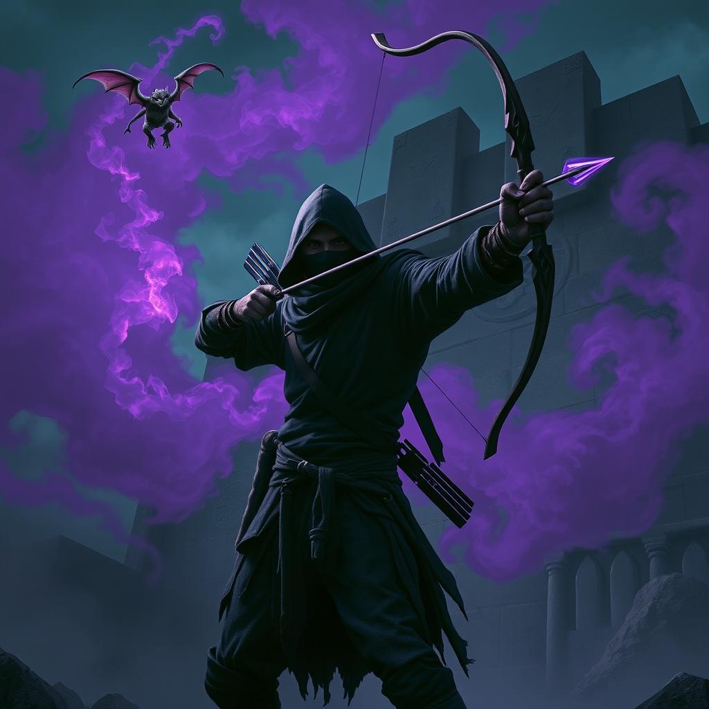 An injured hooded rogue wearing a ninja mask and dark, tattered clothing stands in a dramatic pose, wielding an elegantly designed bow