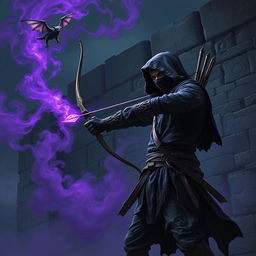 An injured hooded rogue wearing a ninja mask and dark, tattered clothing stands in a dramatic pose, wielding an elegantly designed bow