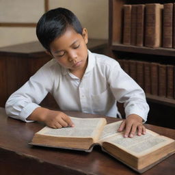 A colonial-period Filipino male child is depicted in a traditional school setting. Dressed in period attire, he is slumped over antiquated books, his furrowed brow reflecting his difficulties with studies.