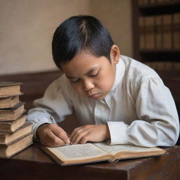 A colonial-period Filipino male child is depicted in a traditional school setting. Dressed in period attire, he is slumped over antiquated books, his furrowed brow reflecting his difficulties with studies.