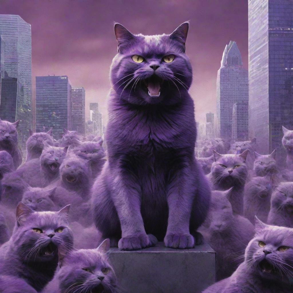 The skyscraper-sized, purple, furious cat, flanked by its purple feline army,-engaged in a fierce battle with the human resistance, pressing hard towards world domination.