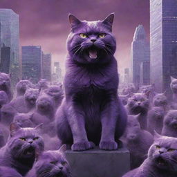 The skyscraper-sized, purple, furious cat, flanked by its purple feline army,-engaged in a fierce battle with the human resistance, pressing hard towards world domination.