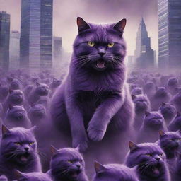 The skyscraper-sized, purple, furious cat, flanked by its purple feline army,-engaged in a fierce battle with the human resistance, pressing hard towards world domination.