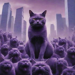 The skyscraper-sized, purple, furious cat, flanked by its purple feline army,-engaged in a fierce battle with the human resistance, pressing hard towards world domination.