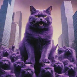 The skyscraper-sized, purple, furious cat, flanked by its purple feline army,-engaged in a fierce battle with the human resistance, pressing hard towards world domination.