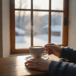 Revise the image to a cozy indoor setting. Picture a hand delicately holding a hot cup of coffee, the early morning light filtering through a nearby window and highlighting the steam. Include subtle, homely details in the background.