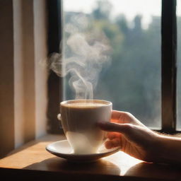 Adjust the image to depict a hand holding the hot cup of coffee inside a cozy room, with morning sunlight streaming in through the window, highlighting the rising steam from the cup.