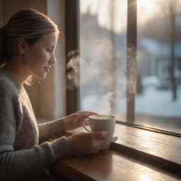 Revise the image to a cozy indoor setting. Picture a hand delicately holding a hot cup of coffee, the early morning light filtering through a nearby window and highlighting the steam. Include subtle, homely details in the background.