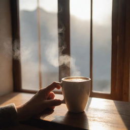 Adjust the image to depict a hand holding the hot cup of coffee inside a cozy room, with morning sunlight streaming in through the window, highlighting the rising steam from the cup.