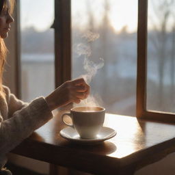 Revise the image to a cozy indoor setting. Picture a hand delicately holding a hot cup of coffee, the early morning light filtering through a nearby window and highlighting the steam. Include subtle, homely details in the background.