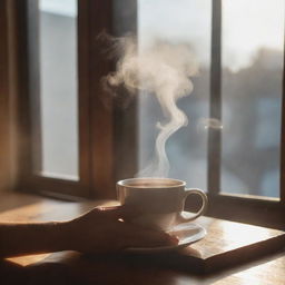 Adjust the image to depict a hand holding the hot cup of coffee inside a cozy room, with morning sunlight streaming in through the window, highlighting the rising steam from the cup.