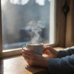 Revise the image to a cozy indoor setting. Picture a hand delicately holding a hot cup of coffee, the early morning light filtering through a nearby window and highlighting the steam. Include subtle, homely details in the background.