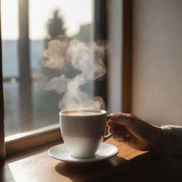 Adjust the image to depict a hand holding the hot cup of coffee inside a cozy room, with morning sunlight streaming in through the window, highlighting the rising steam from the cup.