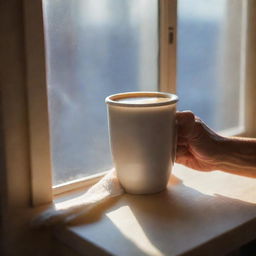 Modify the previous scene: a person's hand with slight wrinkles, holding the warm coffee cup inside a cozy interior, morning sunbeams entering through the window, casting gentle shadows.