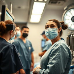 A focused and professional anaesthetist in a modern operating room, wearing a surgical mask and scrubs, attentively monitoring the patient's vital signs on high-tech medical equipment