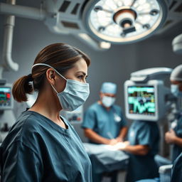 A focused and professional anaesthetist in a modern operating room, wearing a surgical mask and scrubs, attentively monitoring the patient's vital signs on high-tech medical equipment