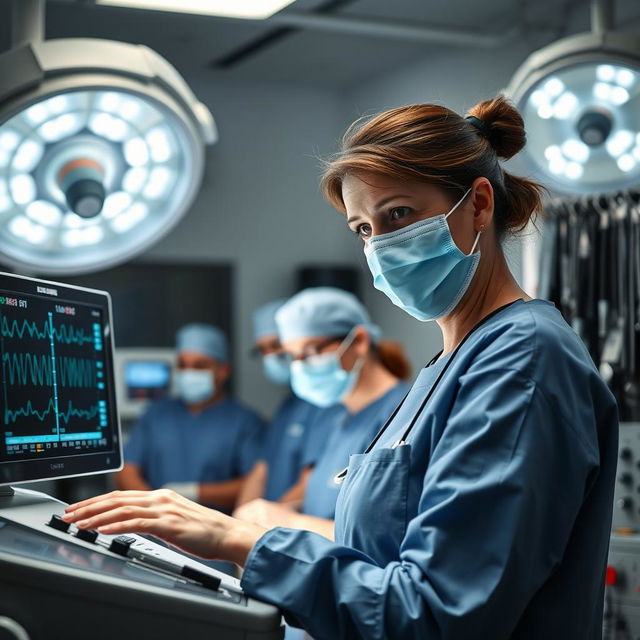 A focused and professional anaesthetist in a modern operating room, wearing a surgical mask and scrubs, attentively monitoring the patient's vital signs on high-tech medical equipment