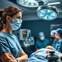 A focused and professional anaesthetist in a modern operating room, wearing a surgical mask and scrubs, attentively monitoring the patient's vital signs on high-tech medical equipment