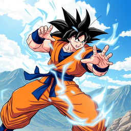 A dynamic illustration of a powerful Saiyan warrior, Goku, in his iconic orange gi with a blue undershirt