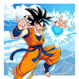 A dynamic illustration of a powerful Saiyan warrior, Goku, in his iconic orange gi with a blue undershirt