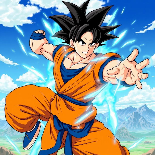 A dynamic illustration of a powerful Saiyan warrior, Goku, in his iconic orange gi with a blue undershirt