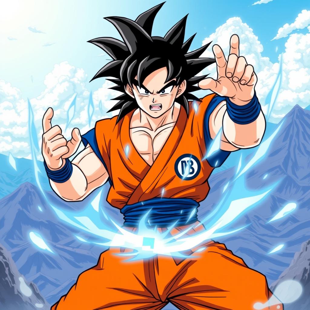 A dynamic illustration of a powerful Saiyan warrior, Goku, in his iconic orange gi with a blue undershirt