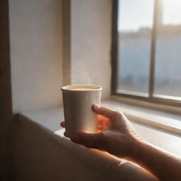 Modify the previous scene: a person's hand with slight wrinkles, holding the warm coffee cup inside a cozy interior, morning sunbeams entering through the window, casting gentle shadows.