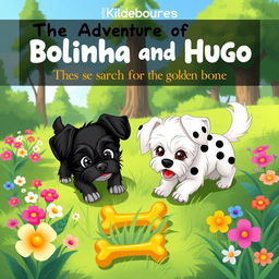 An enchanting children's illustration featuring two adorable Maltese dogs on an adventure titled 'The Adventures of Bolinha and Hugo: The Search for the Golden Bone'