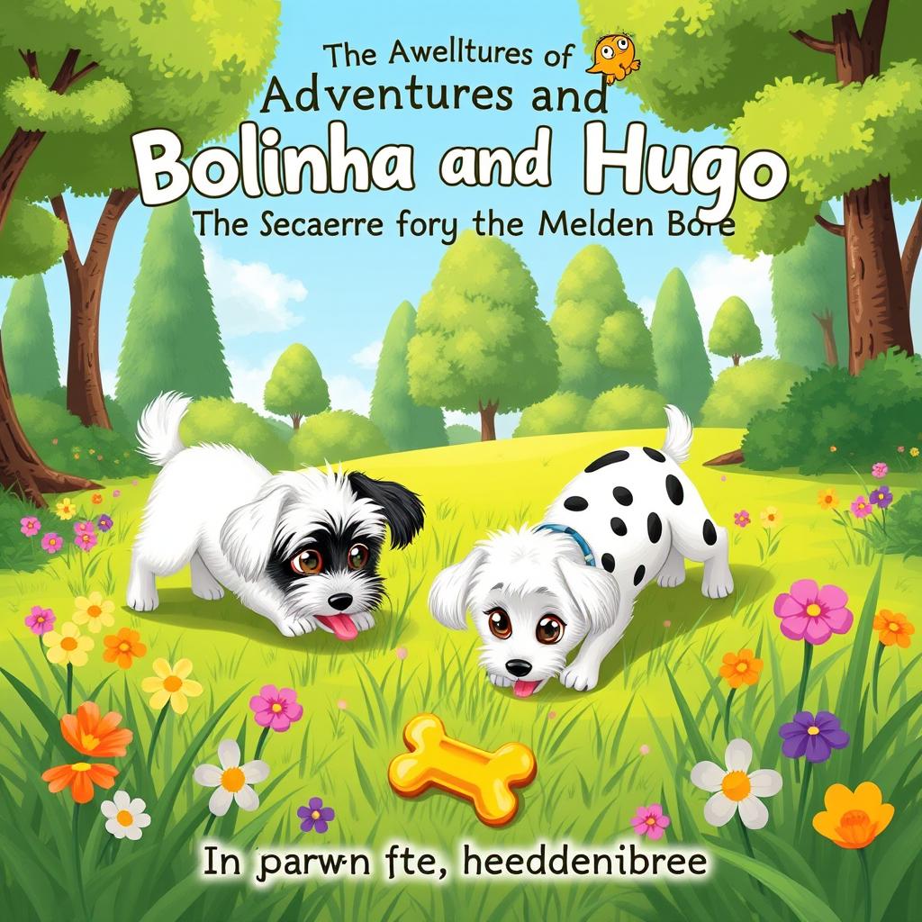 An enchanting children's illustration featuring two adorable Maltese dogs on an adventure titled 'The Adventures of Bolinha and Hugo: The Search for the Golden Bone'