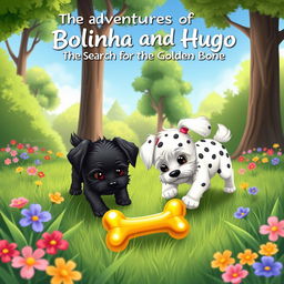 An enchanting children's illustration featuring two adorable Maltese dogs on an adventure titled 'The Adventures of Bolinha and Hugo: The Search for the Golden Bone'