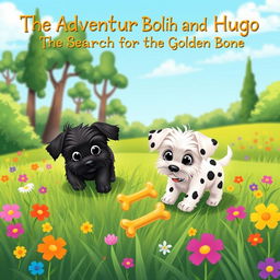 An enchanting children's illustration featuring two adorable Maltese dogs on an adventure titled 'The Adventures of Bolinha and Hugo: The Search for the Golden Bone'