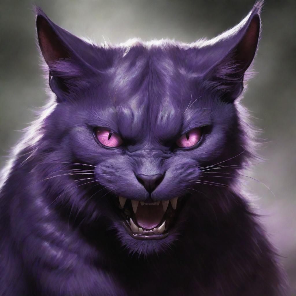 Deepening the monstrous purple cat's evil aura, adding an insidious glint in his eyes, a sinister grin, and an oppressive air of malevolence as he commands his army in battle.