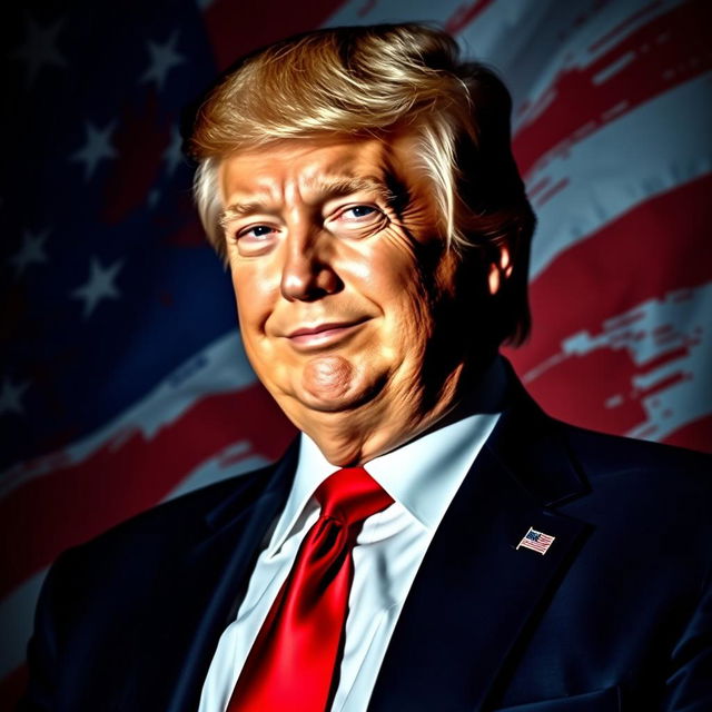 A powerful portrait of Donald Trump, showcasing him in a confident stance with a charismatic smile, wearing a tailored suit in patriotic colors