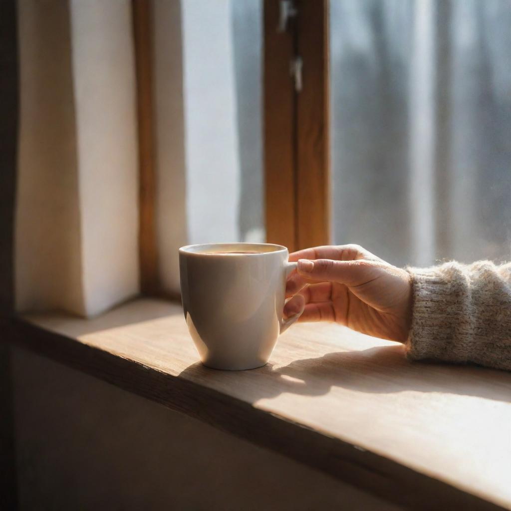 Modify the previous scene: a person's hand with slight wrinkles, holding the warm coffee cup inside a cozy interior, morning sunbeams entering through the window, casting gentle shadows.