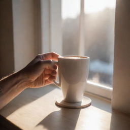 Modify the previous scene: a person's hand with slight wrinkles, holding the warm coffee cup inside a cozy interior, morning sunbeams entering through the window, casting gentle shadows.