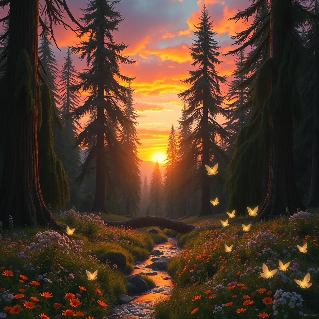 A dreamy forest landscape at sunset, with tall, ancient trees and a carpet of vibrant wildflowers