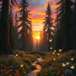 A dreamy forest landscape at sunset, with tall, ancient trees and a carpet of vibrant wildflowers