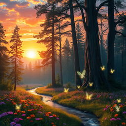 A dreamy forest landscape at sunset, with tall, ancient trees and a carpet of vibrant wildflowers