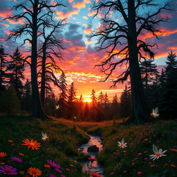 A dreamy forest landscape at sunset, with tall, ancient trees and a carpet of vibrant wildflowers